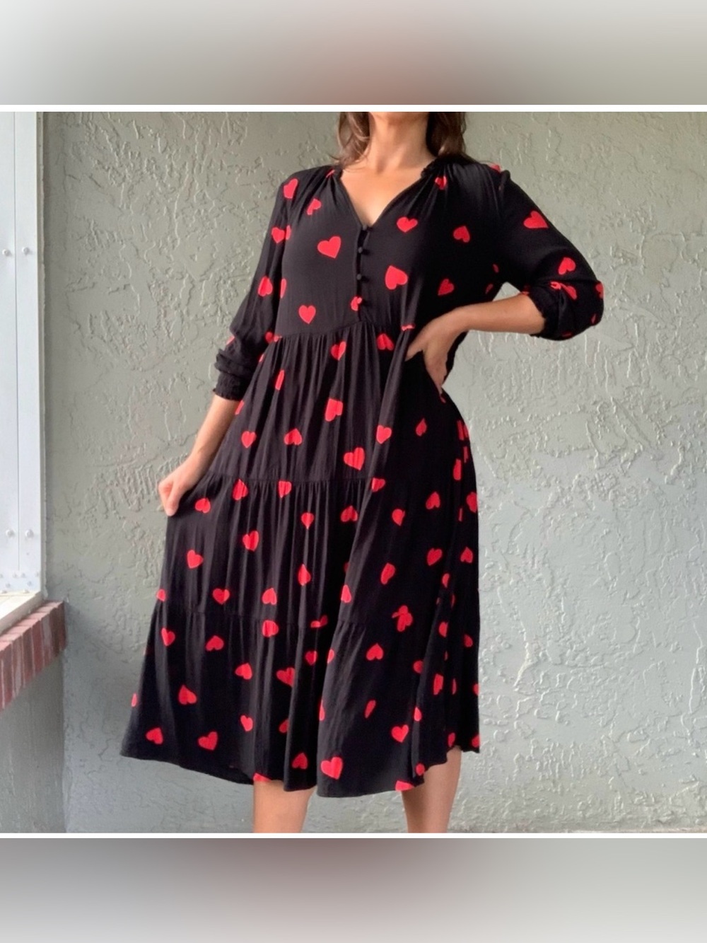 Loft Tiered black red Heart Swing Dress sz small